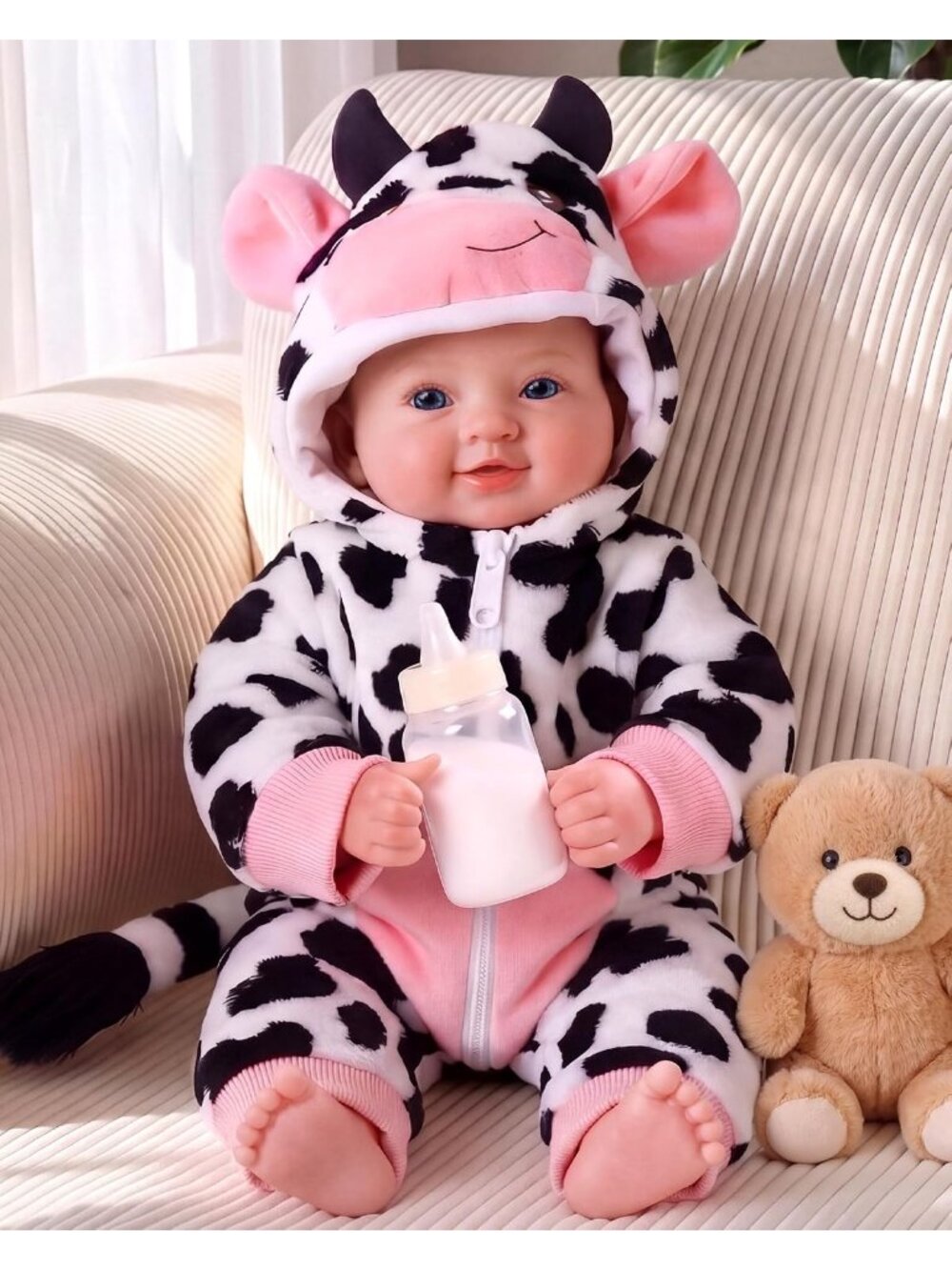 17in Realistic Soft Baby Doll Plush Cow Outfit Hand Painted Newborn